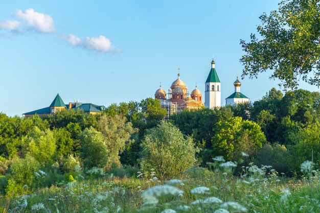 Summer landscape of blossoming field and orthodox church in Klin Russia