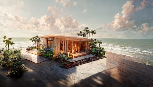 Summer landscape by the ocean with palm trees and wooden bungalow