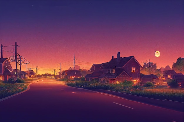 Summer landscape of a city street trees with cottages a road
bushes and a full moon in a dark pink sky 3d illustration