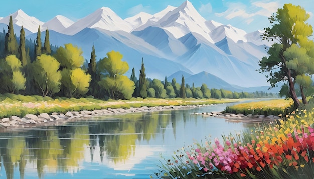 川岸の夏の風景花と背景の木と山の油絵