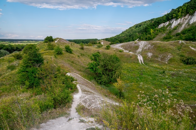 Foto paesaggio estivo di altopiani collinari con prati verdi