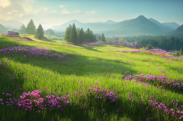 Summer landscape of a mountain valley with green grass trees\
and bushes with flowers under a blue sky 3d illustration