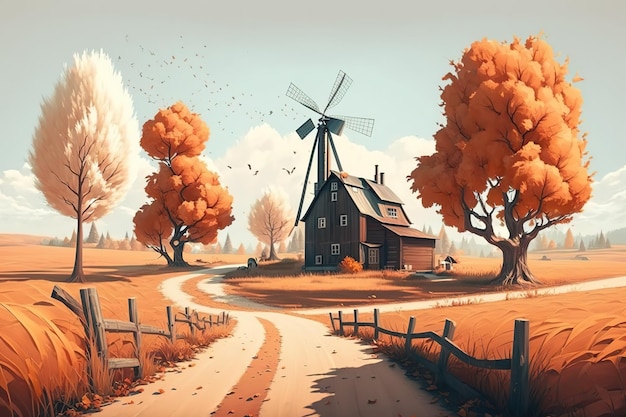 Summer landscape outside the city with a mill autumn trees flying birdsGenerative AI