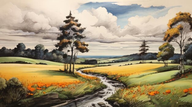 Photo summer landscape painted in watercolor