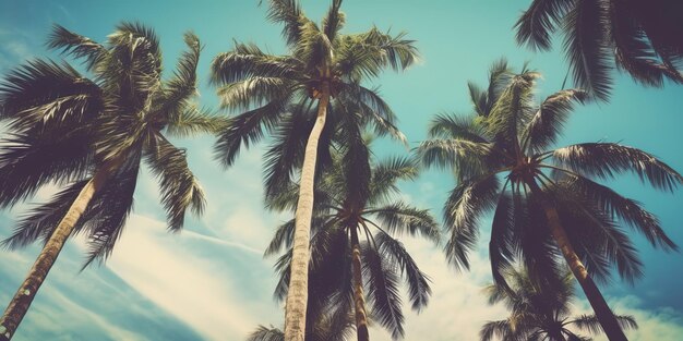 Summer landscape of palm trees and sky in retro styleColorful summer template Concept of recreation Generative AI