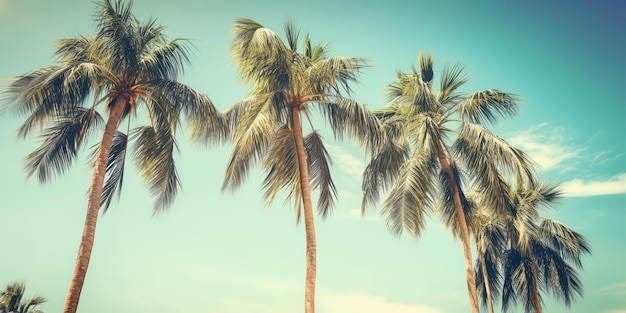 Summer landscape of palm trees and sky in retro styleColorful summer template Concept of recreation Generative AI