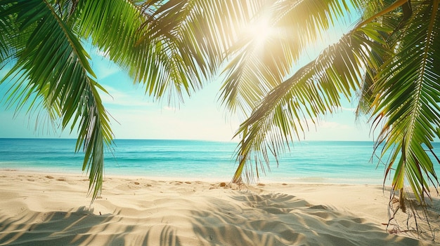 Summer landscape of tropical island Branches of palm trees