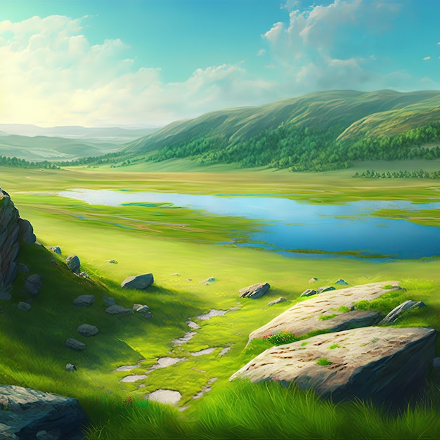 Summer landscape a valley with a lake rocks a green field with lush grass under a blue sky 3d illustration