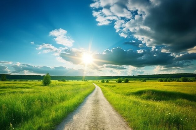 Summer landscape with beautyful sunligth green grass road and clouds