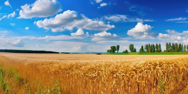 A summer landscape with a blue sky with white clouds and a golden field with wheatColorful summer template Concept of recreation Generative AI