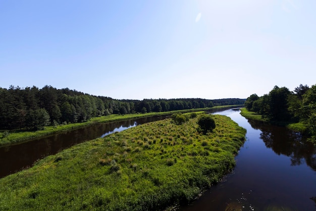 A summer landscape with green grass and deciduous trees and a river with several tributaries and large islands in the middle of the river