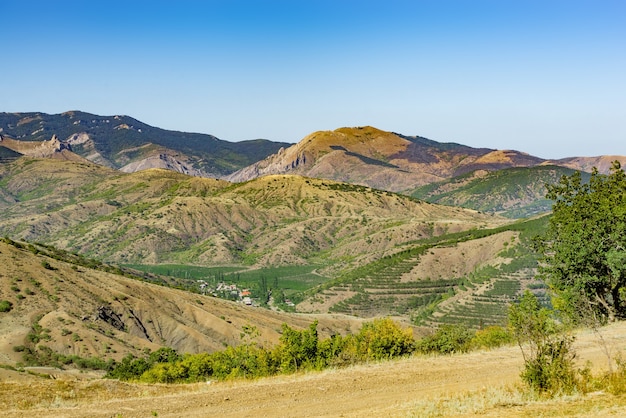 Летний пейзаж с холмами и скалами