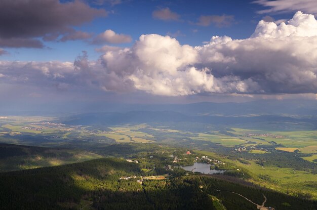 Summer landscape with a lake view from a high mountain