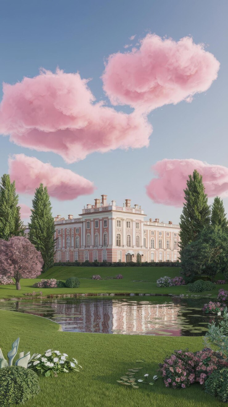 Photo summer landscape with a palace a green lawn and a pond under pink clouds 3d illustration