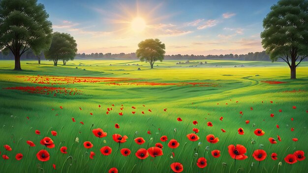 Summer landscape with red poppies in a green field at sunset AI generation