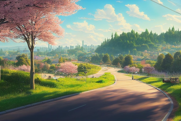 Summer landscape with a road to the city with skyscrapers on the horizon Green fields with hills and trees under blue sky 3d illustration