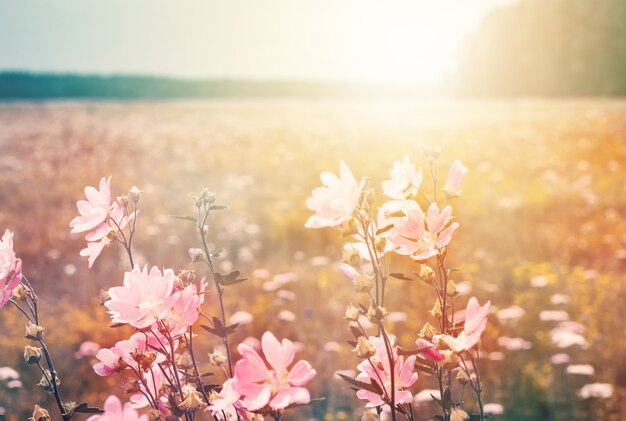 野生のゼニアオイと夏の風景。日光の下で開花する牧草地。