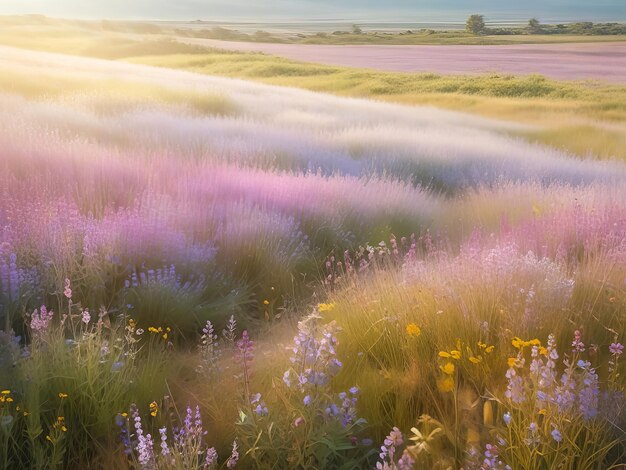 Summer lavender meadow spring flower field Natural colorful landscape with wild flower on the Sunset