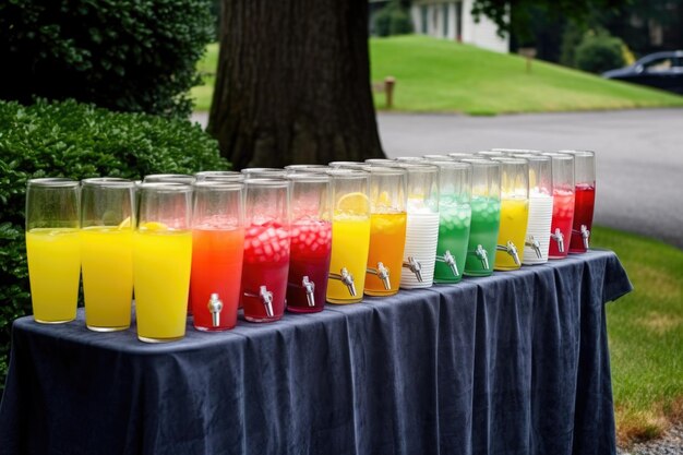 Летний стенд с лимонадом и рядами стаканов, наполненных освежающим напитком, созданным с помощью генеративного искусственного интеллекта