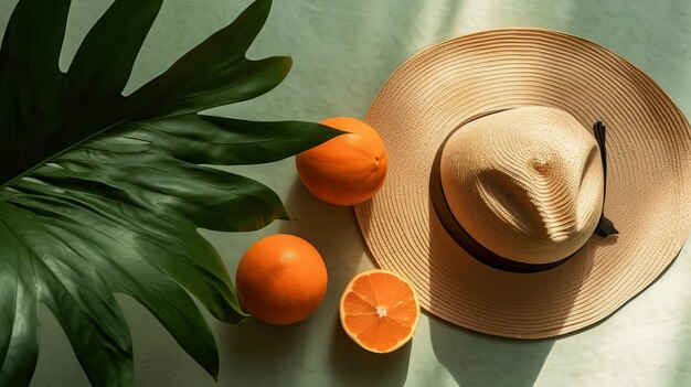 Summer level lay with straw cap glass of water and orange characteristic thing in eco shopping loot AI Generated