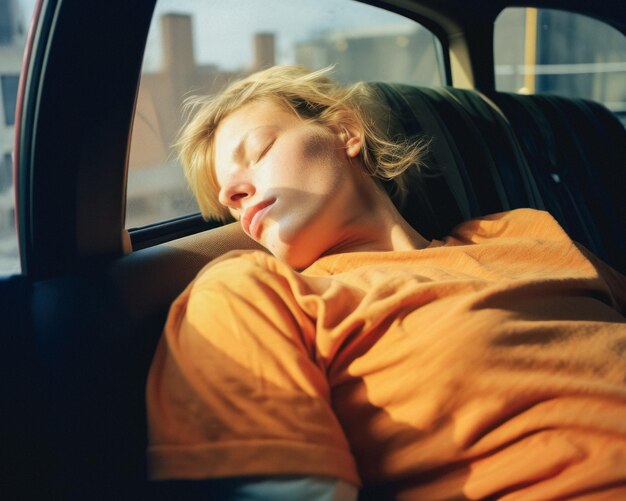 Foto summer lifestyle travel giovane donna che dorme in macchina con la luce solare che cade sul viso generata dall'ai