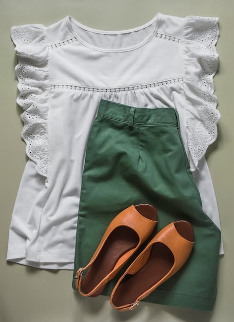 Summer loose women\'s style clothing romantic white tshirt with\
lace bermuda shorts and leather sandals on a light background top\
view