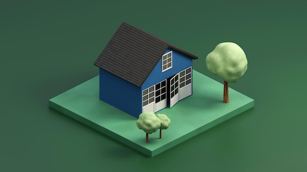 Summer low poly isometric house and trees 3D Illustration