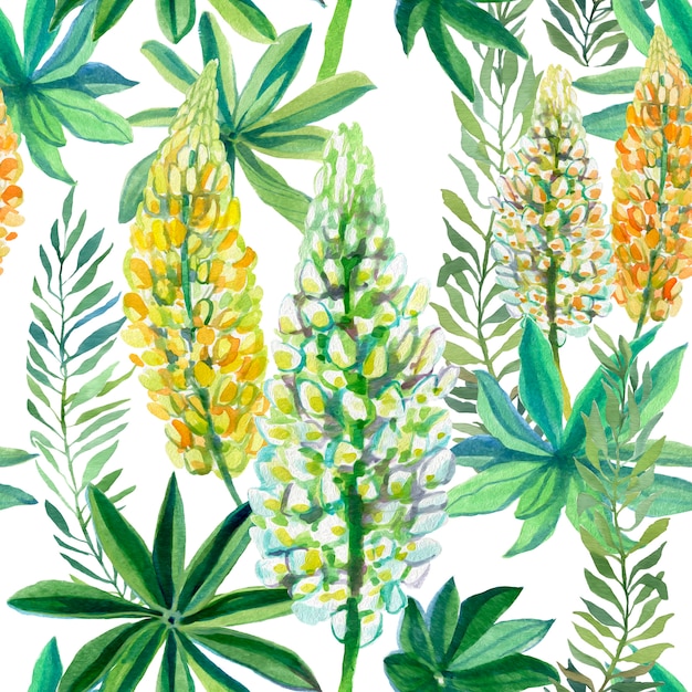 Photo summer lupin white and yellow flowers with green leaves.