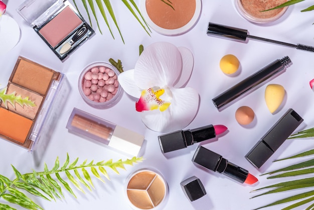 Summer make up cosmetics flat lay