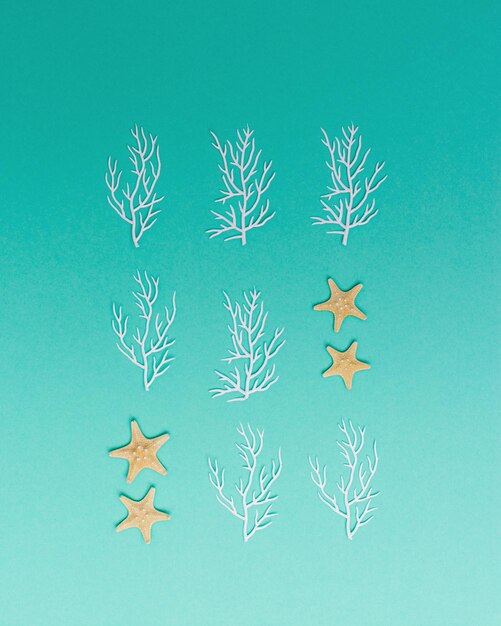 Summer marine pattern with starfishes and white coral on turquoise background Nautical concept