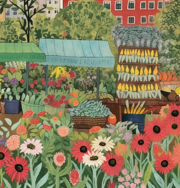 summer market on the street around a lot of flowers cute flat illustration