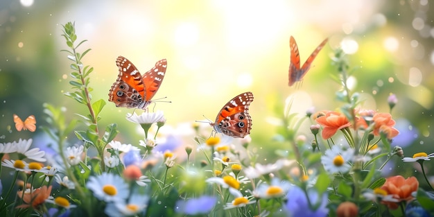 summer meadow with daisies and butterfly nature background