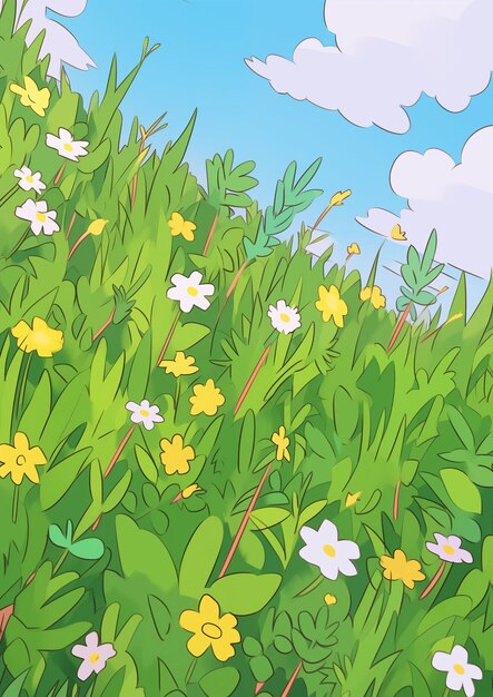 写真 花がく夏の草原のイラスト