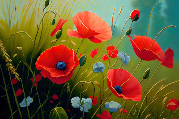 Summer meadow with red poppies nice color Generative Ai