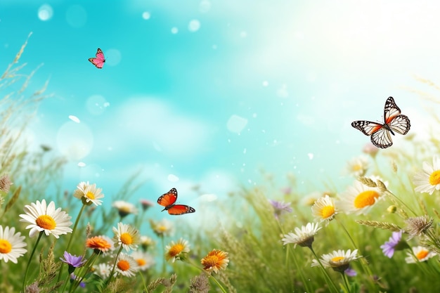 Summer meadow with wildflowers and butterflies Nature background