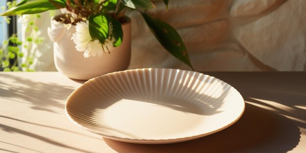 Summer minimal wedding stationery Bank beige envelope mockup on ceramic scallop ceramic plate in sunlight with shadows