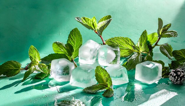 Summer mint green background with cold frozen ice cubes and leaves of house plants
