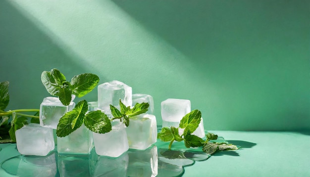 Summer mint green background with cold frozen ice cubes and leaves of house plants