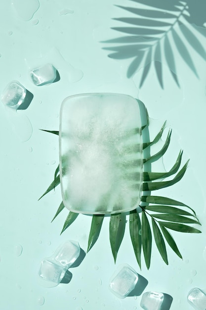 Summer mint green background with ice cubes and exotic palm leaves Ice podium with space for your producs