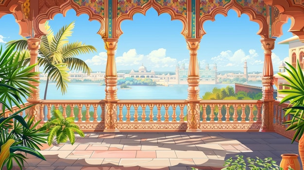 Summer modern background of Indian palace balcony ocean landscape with balustrade on ancient patio with green plant Baroque lounge design Hotels terrace with sea clouds and city skyline