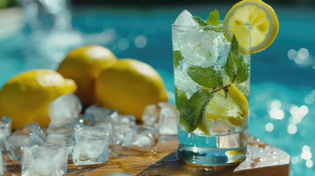 Summer Mojito cocktail with lemon mint and ice by pool
