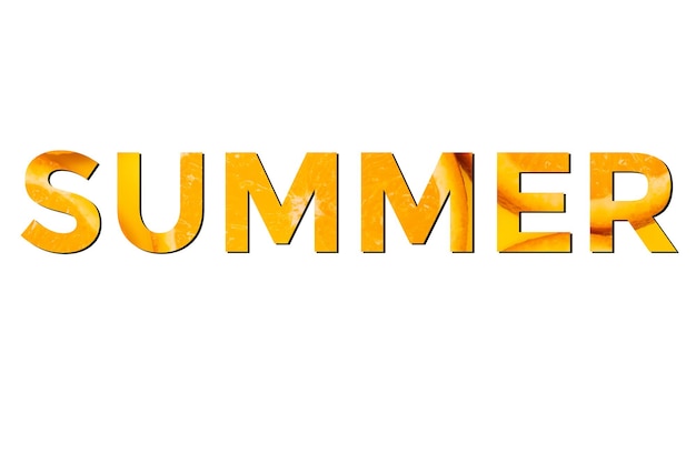 Summer mood Hello summer Colorful word summer with the image of oranges inside the letters on a white background