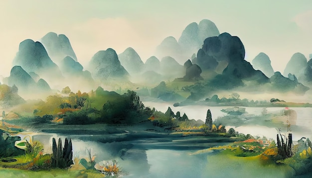 In summer morning lotus pond and distant mountain clouds and\
fog