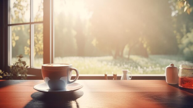 Summer morning with coffee cup Illustration AI Generative