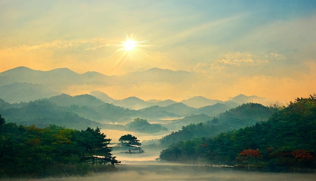 韓国の夏の山の森