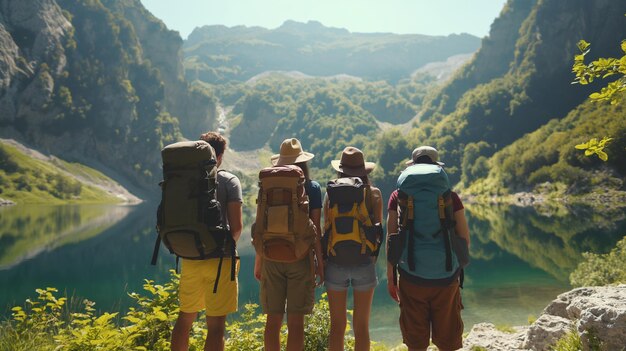 Foto escursione in montagna estiva gruppo di escursionisti che fanno una pausa dal viaggio