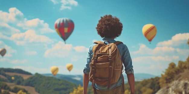 Photo summer mountain journey traveling man looking at colourful aerostats