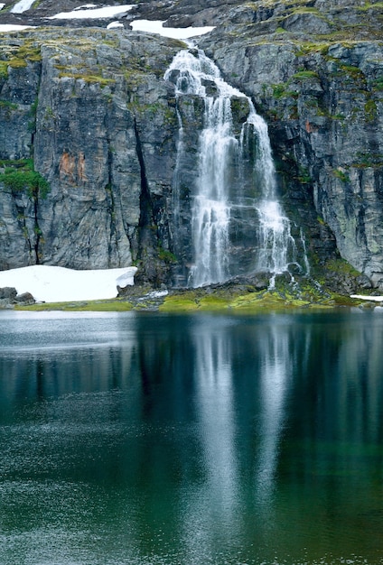 Summer mountain landscape with lake and waterfall