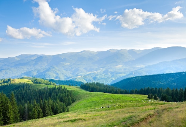 Summer mountain plateau landscape with dirty road on hill top