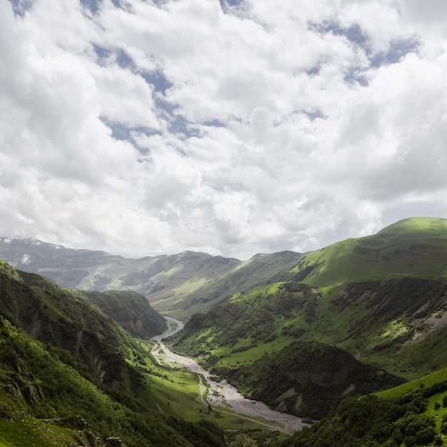 Foto paesaggio estivo della valle del fiume di montagna